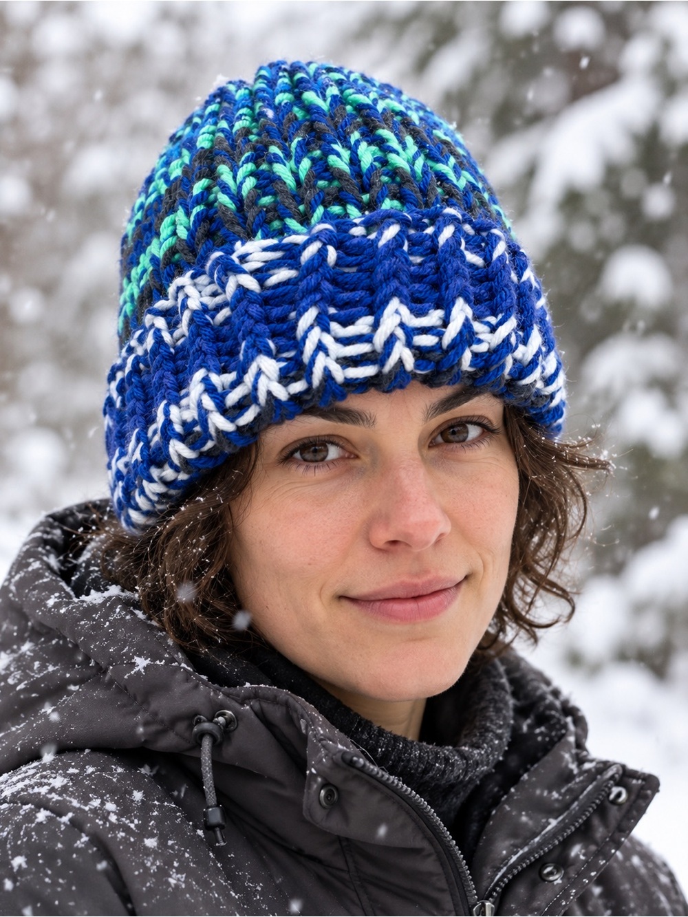 Handmade Unisex Blue & Green Knit Beanie | Chunky Folded Brim Winter Hat